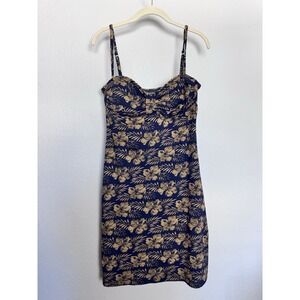 Tommy Bahama Tropical Floral‎ Print Dress Women's Small Navy & Tan Hibiscus